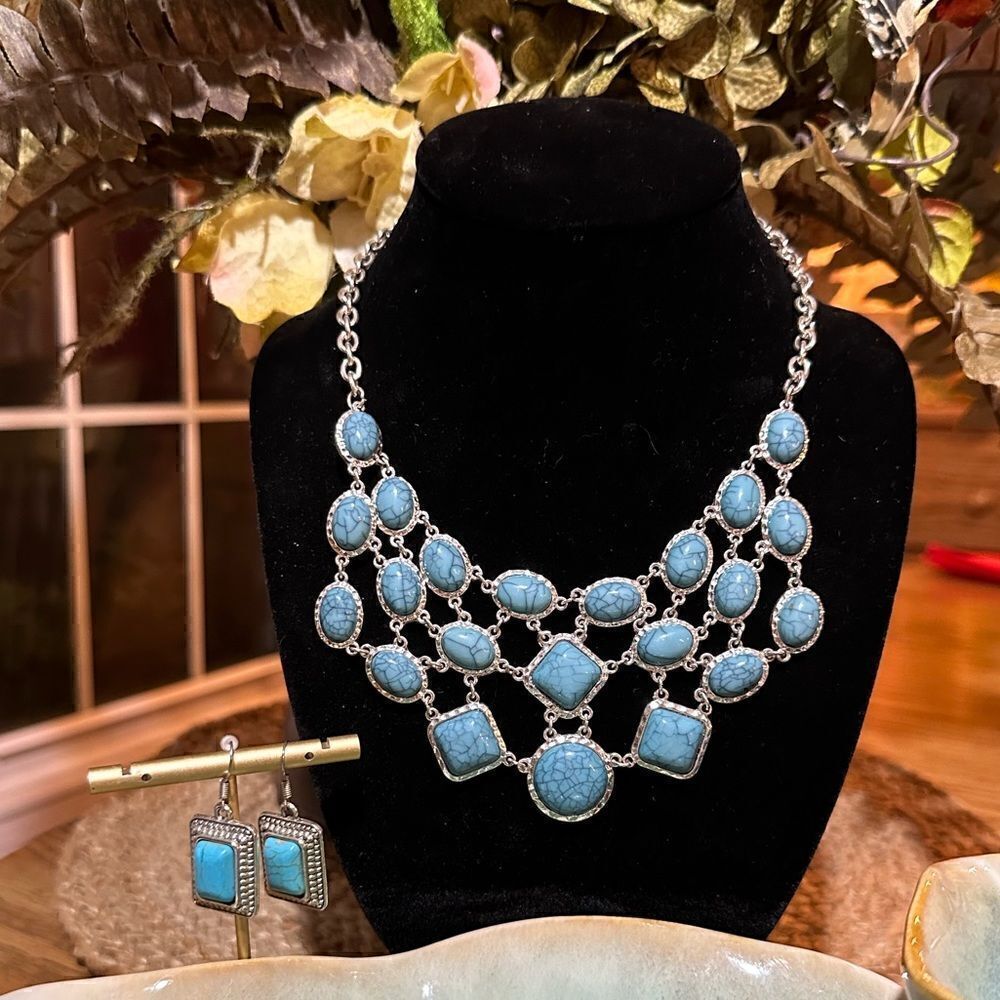Blue & Silver Statement Necklace with Matching Earrings